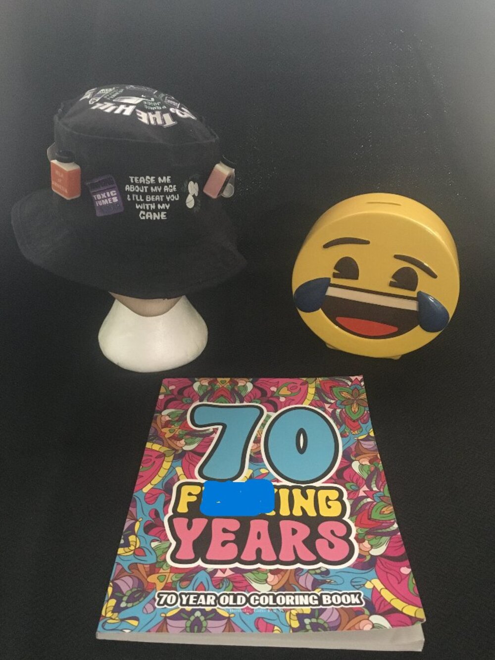 70 Years Old Novelty Gift Set - Funny Bucket Hat, Ceramic Emoji, Coloring Book